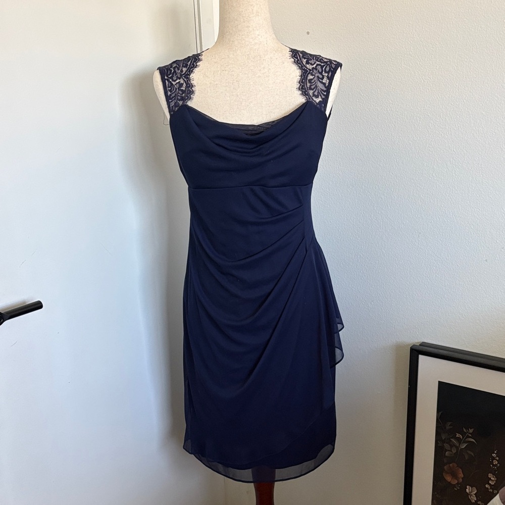 Scarlett Navy Lace-Shoulder Midi Dress
